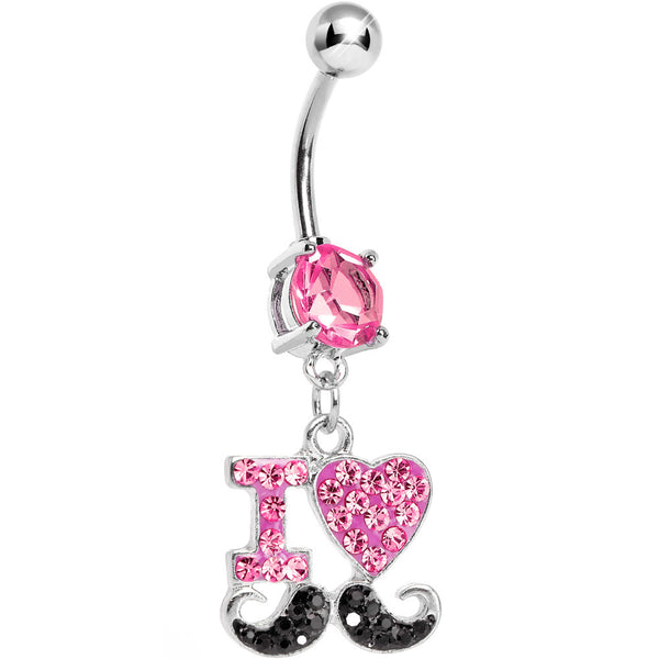 Pink and Black Gem Paved I Heart Mustache Dangle Belly Ring