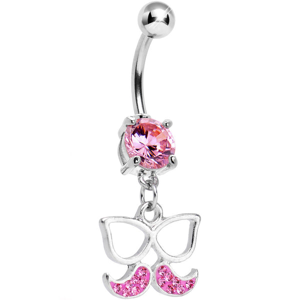 Pink Gem Chichi Glasses and Paved Mustache Dangle Belly Ring