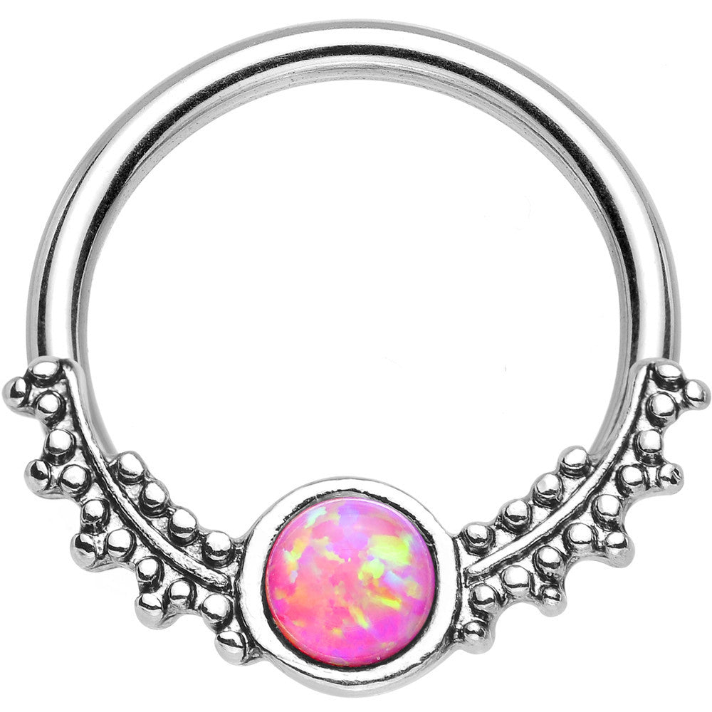 14 Gauge 1/2 Synthetic Pink Opal Drops of Dew Captive Ring