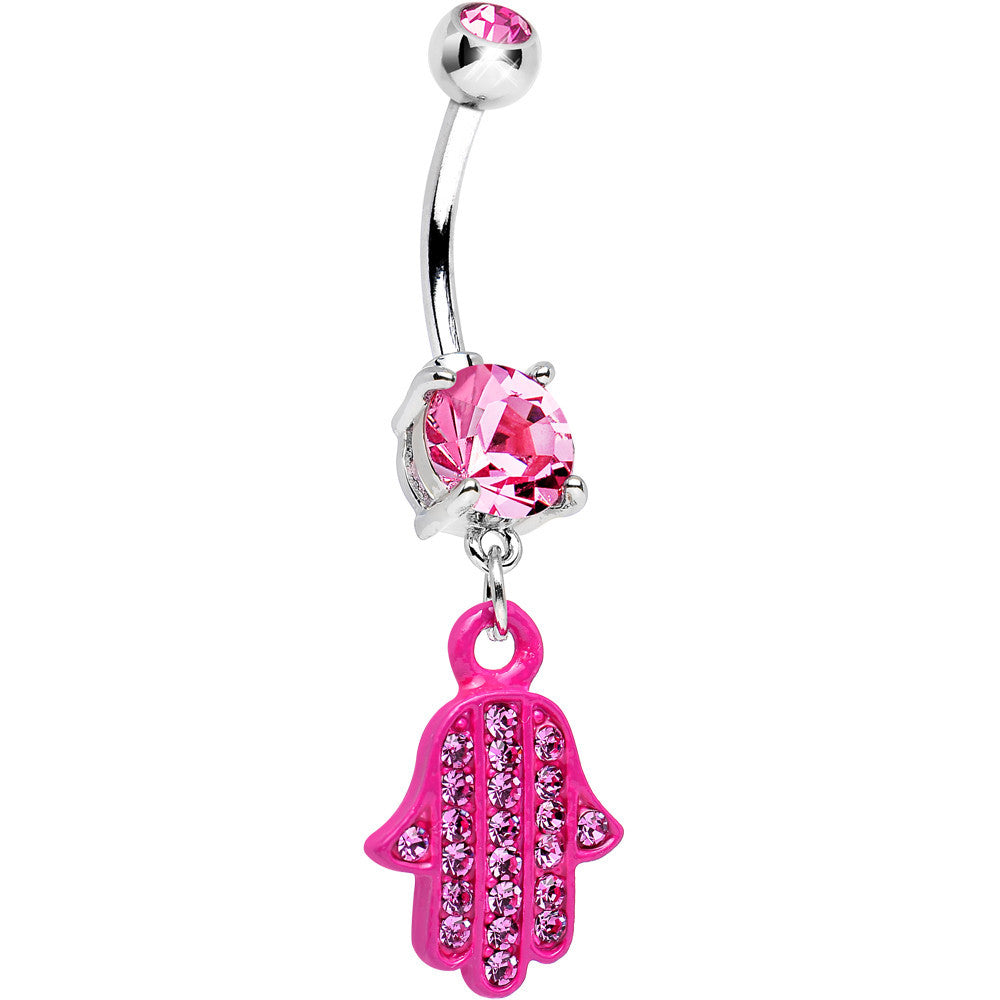 Pink Double Gem Powerful Blessing Pink Hamsa Hand Dangle Belly Ring