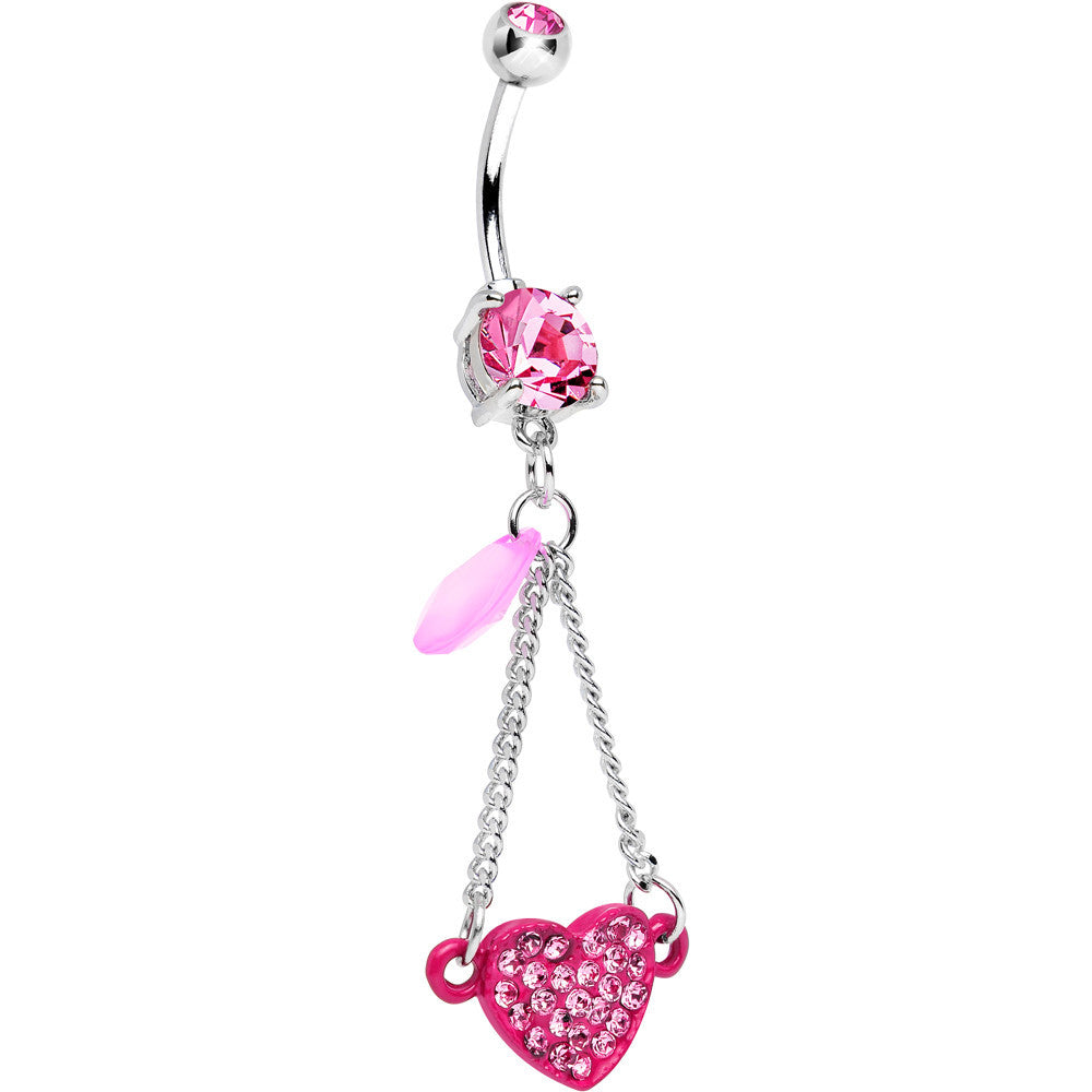 Pink Double Gem Sparkling Trapeze Swing Pink Heart Dangle Belly Ring
