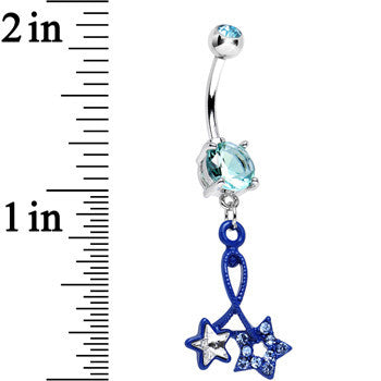 Aqua Double Gem Twin String of Blue Stars Dangle Belly Ring