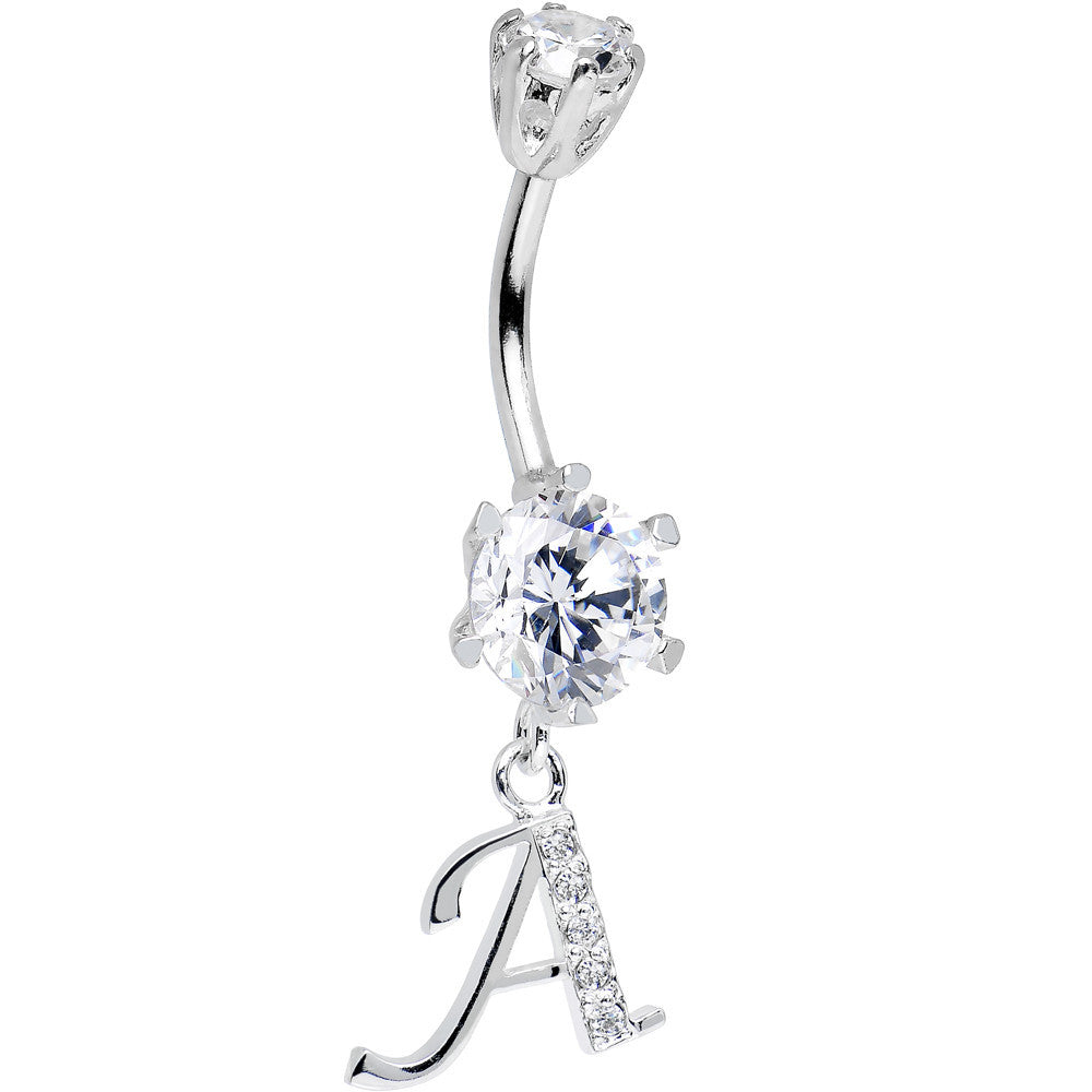 925 Sterling Silver Clear CZ Ornate Script Initial A Dangle Belly Ring
