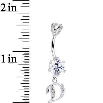 925 Sterling Silver Clear CZ Ornate Script Initial D Dangle Belly Ring