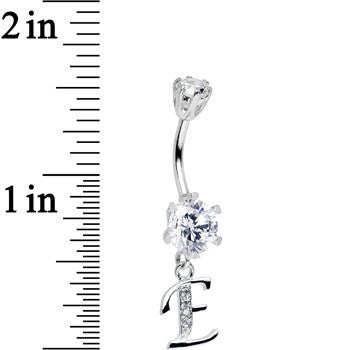925 Sterling Silver Clear CZ Ornate Script Initial E Dangle Belly Ring