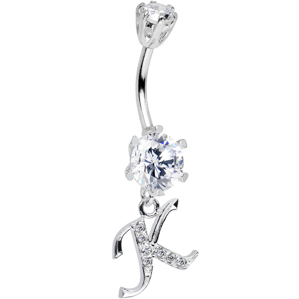 925 Sterling Silver Clear CZ Ornate Script Initial K Dangle Belly Ring