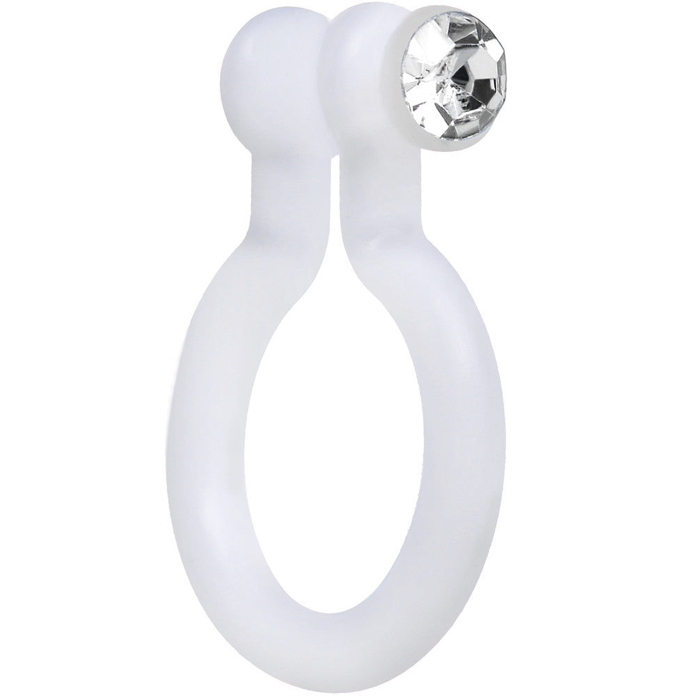 Clear Gem White Bioplast Clip On Non-Pierced Fake Nose Ring Hoop