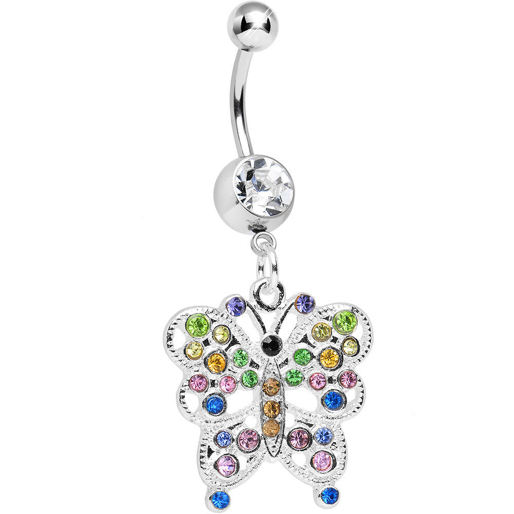 Clear Gem Dazzling Multicolored Butterfly Dangle Belly Ring