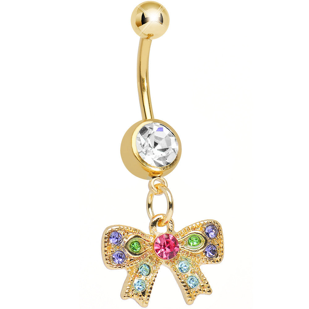 Clear Gem Gold Plated Kaleidoscopic Bow Dangle Belly Ring