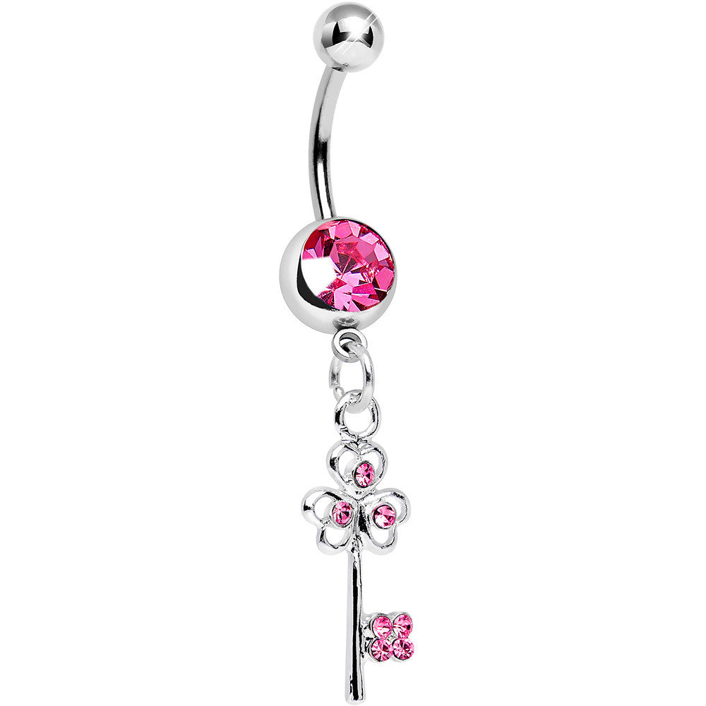 Pink Gem Unlock Your Luck Clover Heart Key Dangle Belly Ring