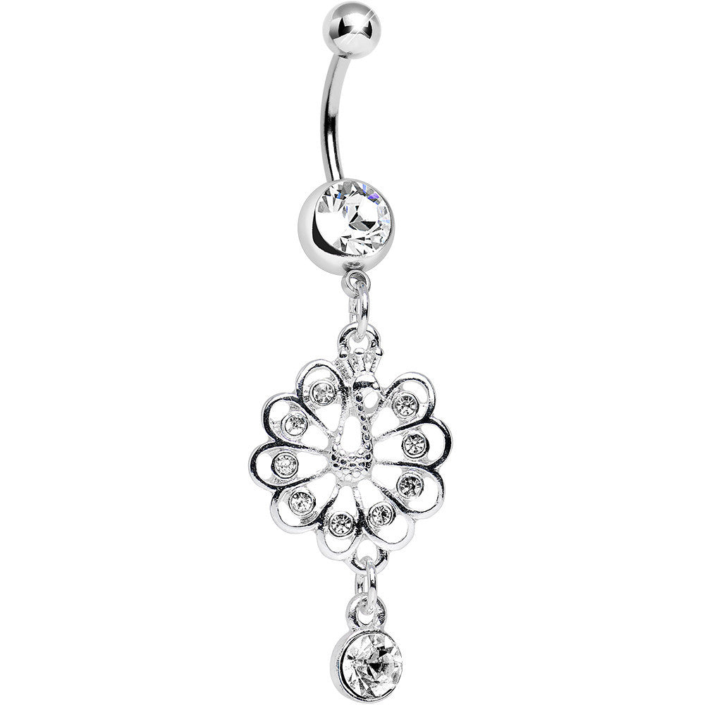 Clear Gem Enchanted Open Tail Peacock Dangle Belly Ring