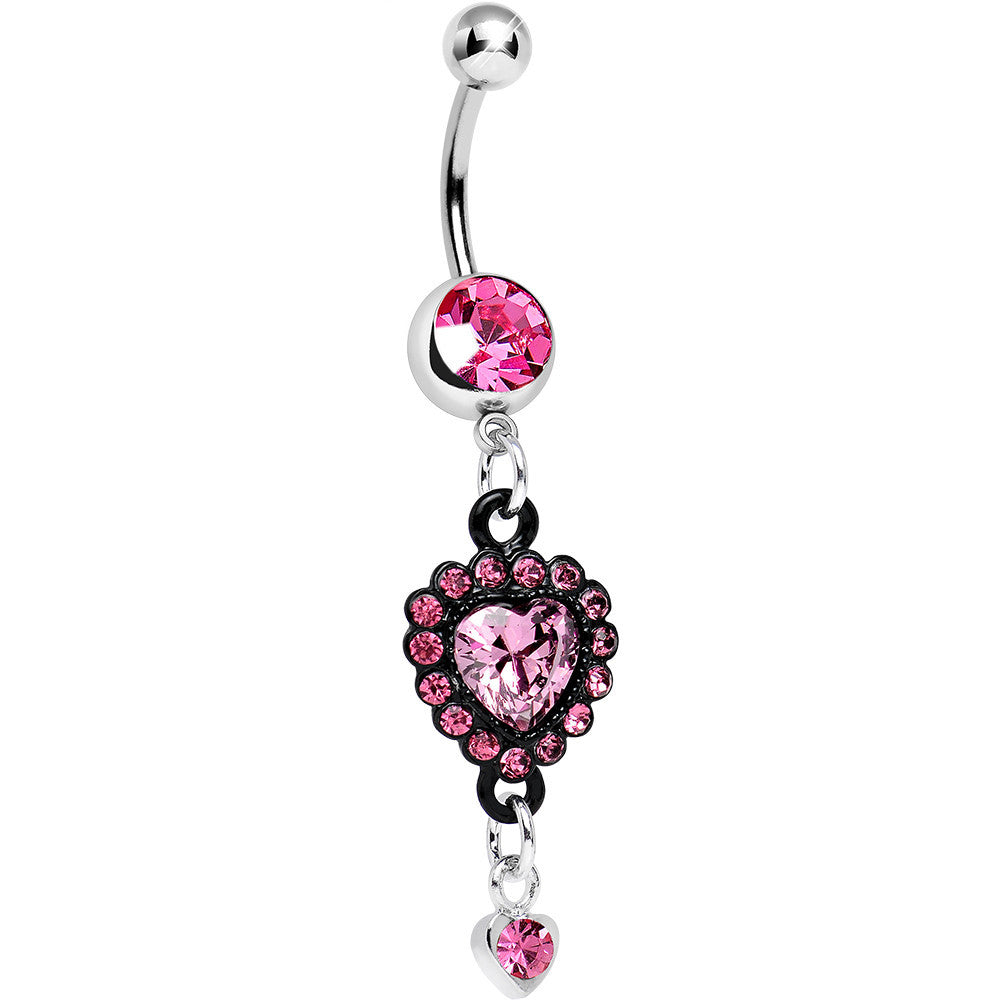 Pink Gem Ornate Black Lacework Heart Dangle Belly Ring