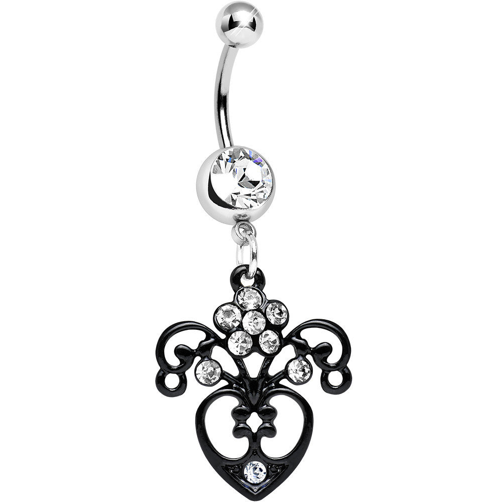 Clear Gem Ornamental Black Victorian Flowering Heart Dangle Belly Ring