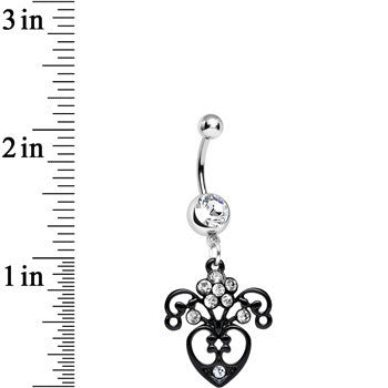 Clear Gem Ornamental Black Victorian Flowering Heart Dangle Belly Ring