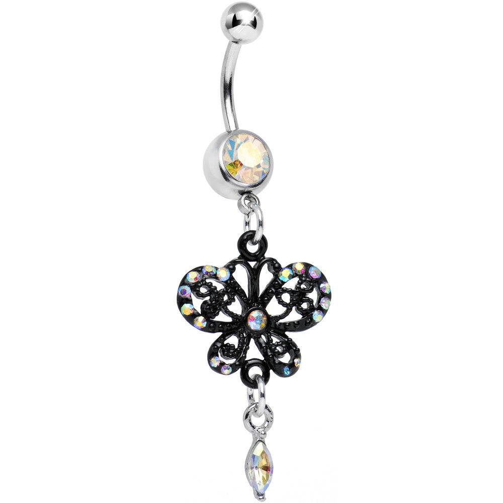Aurora Gem Delicate Marquise Drop Black Butterfly Dangle Belly Ring