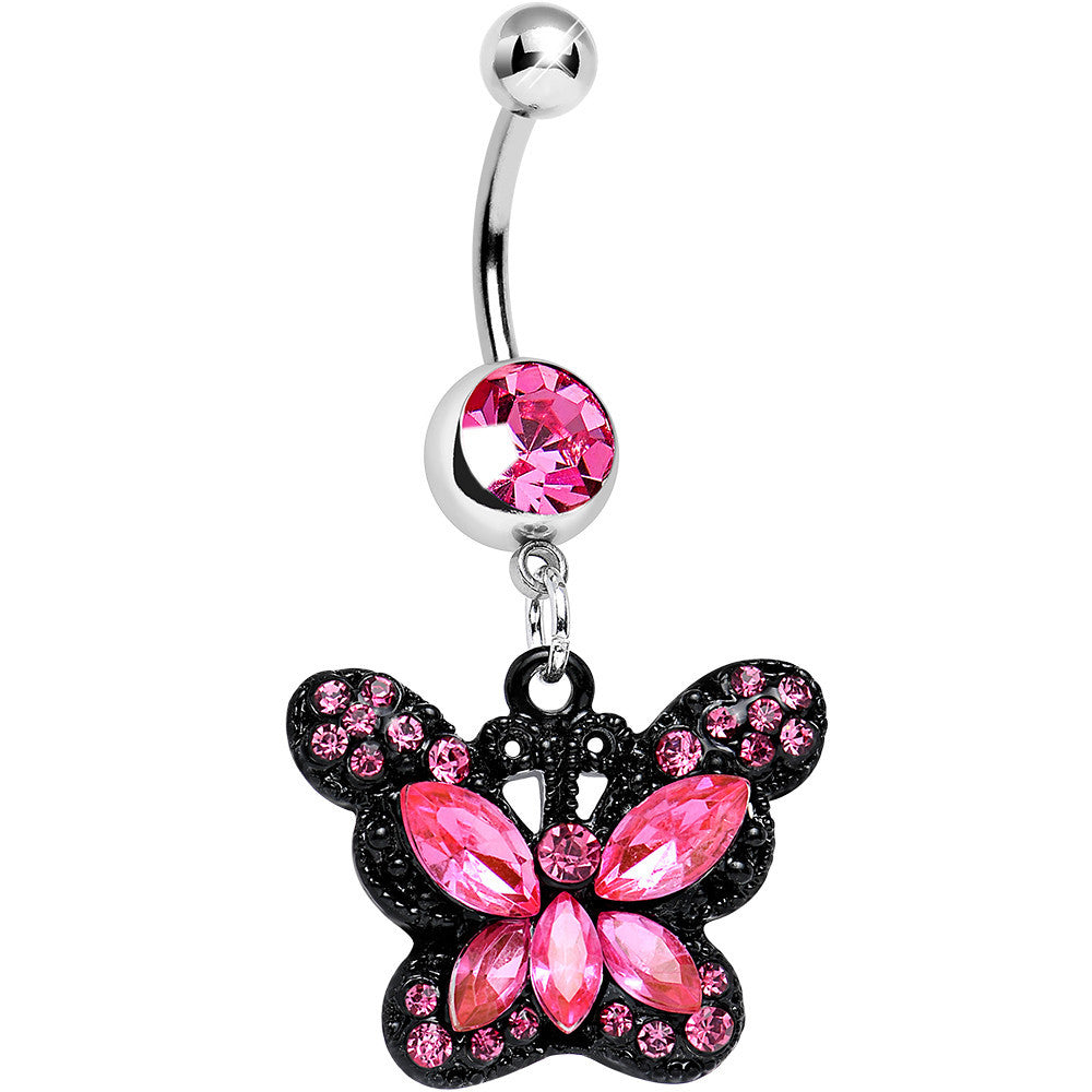 Pink Gem Passionate Black Butterfly Dangle Belly Ring
