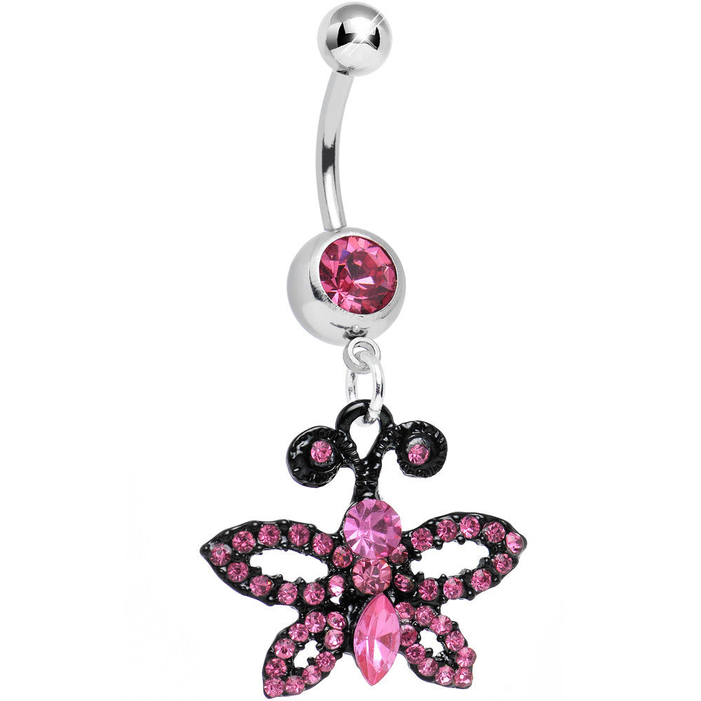 Pink Gem Sublime Sparkling Black Butterfly Dangle Belly Ring