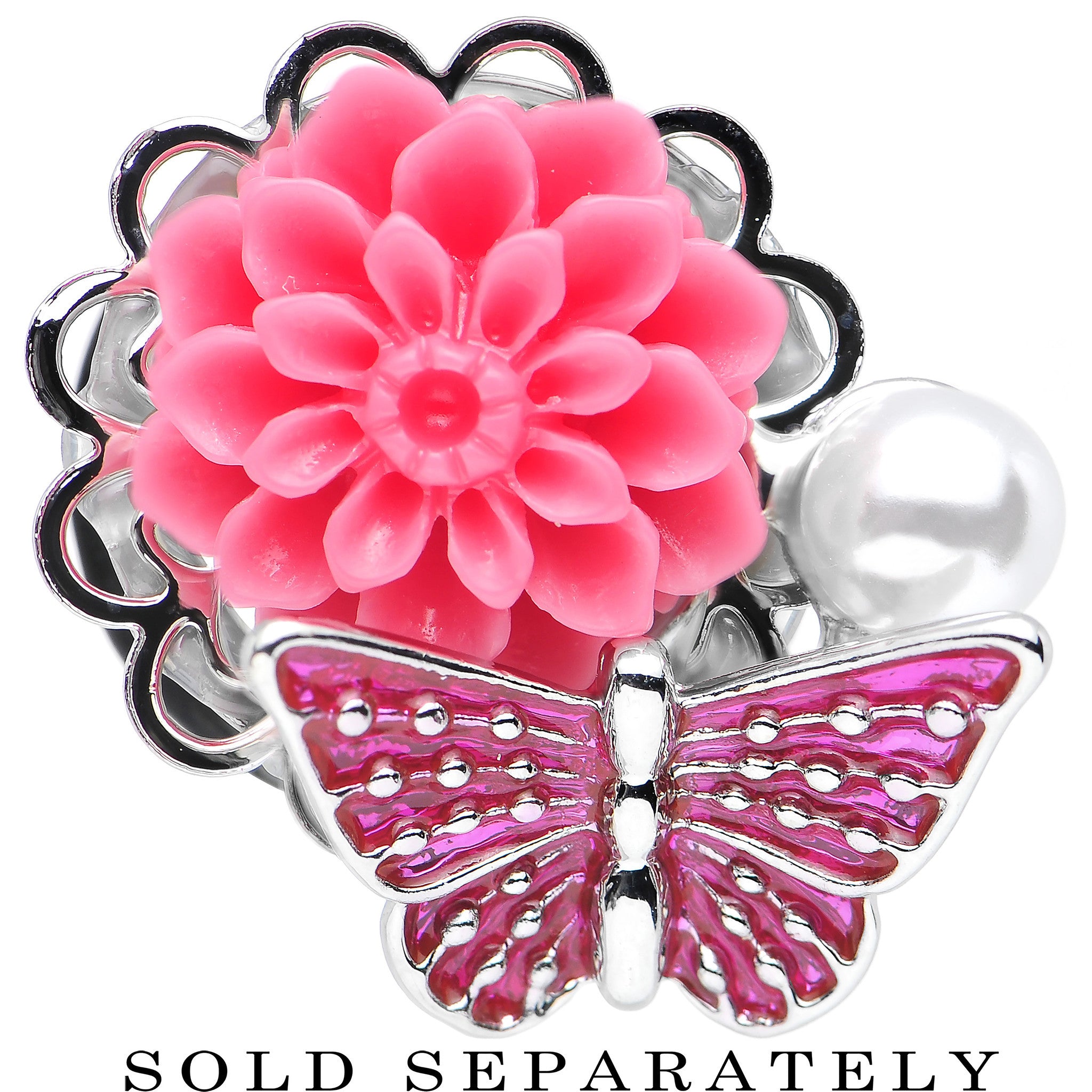 9/16 Pink Acrylic Flower Pink Butterfly Single Flare Steel Plug