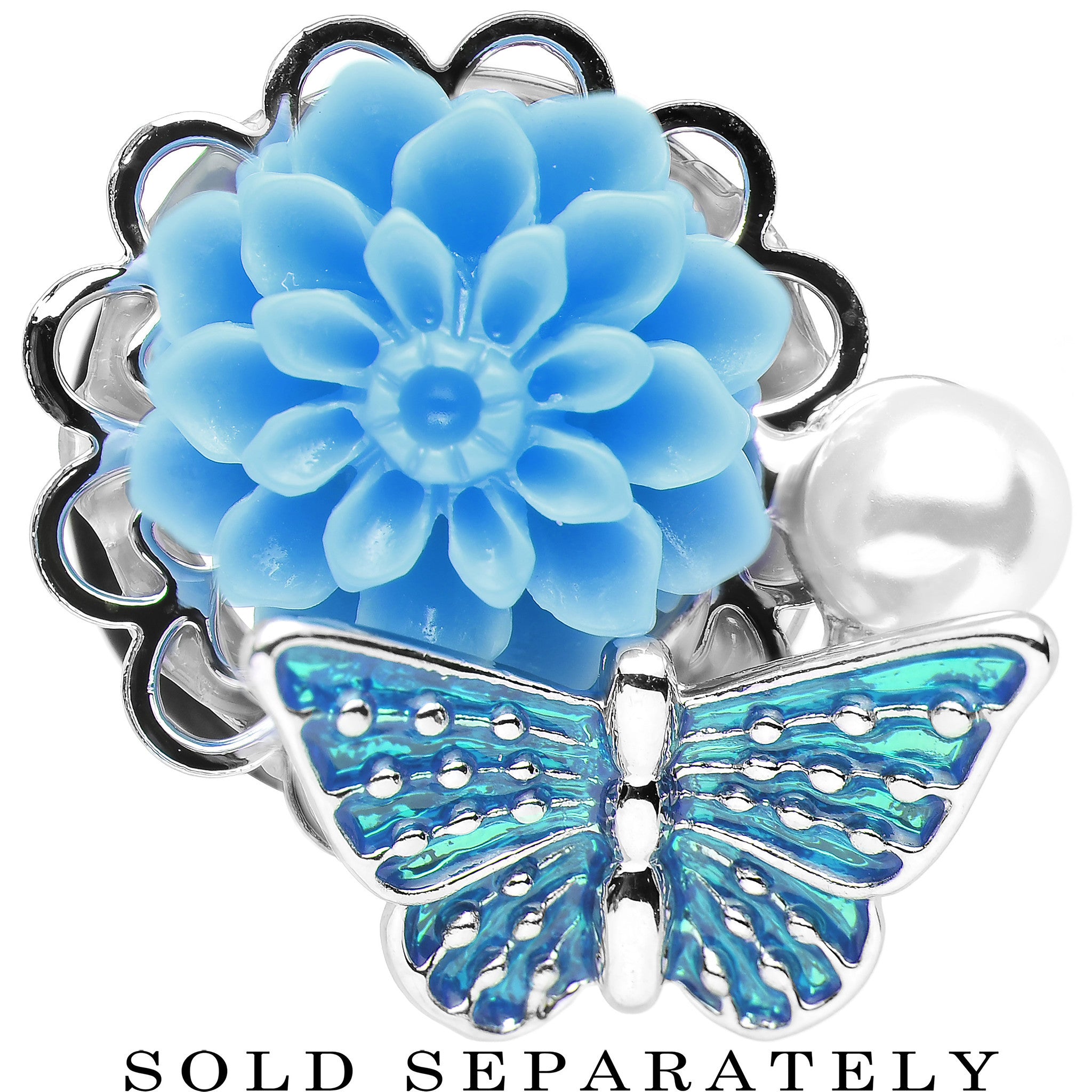 9/16 Blue Acrylic Flower Aqua Butterfly Single Flare Steel Plug