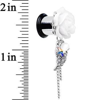 Clear Gem Angel Wing and White Rose Flower Single Flare Dangle Plug Sizes 6mm to 16mm