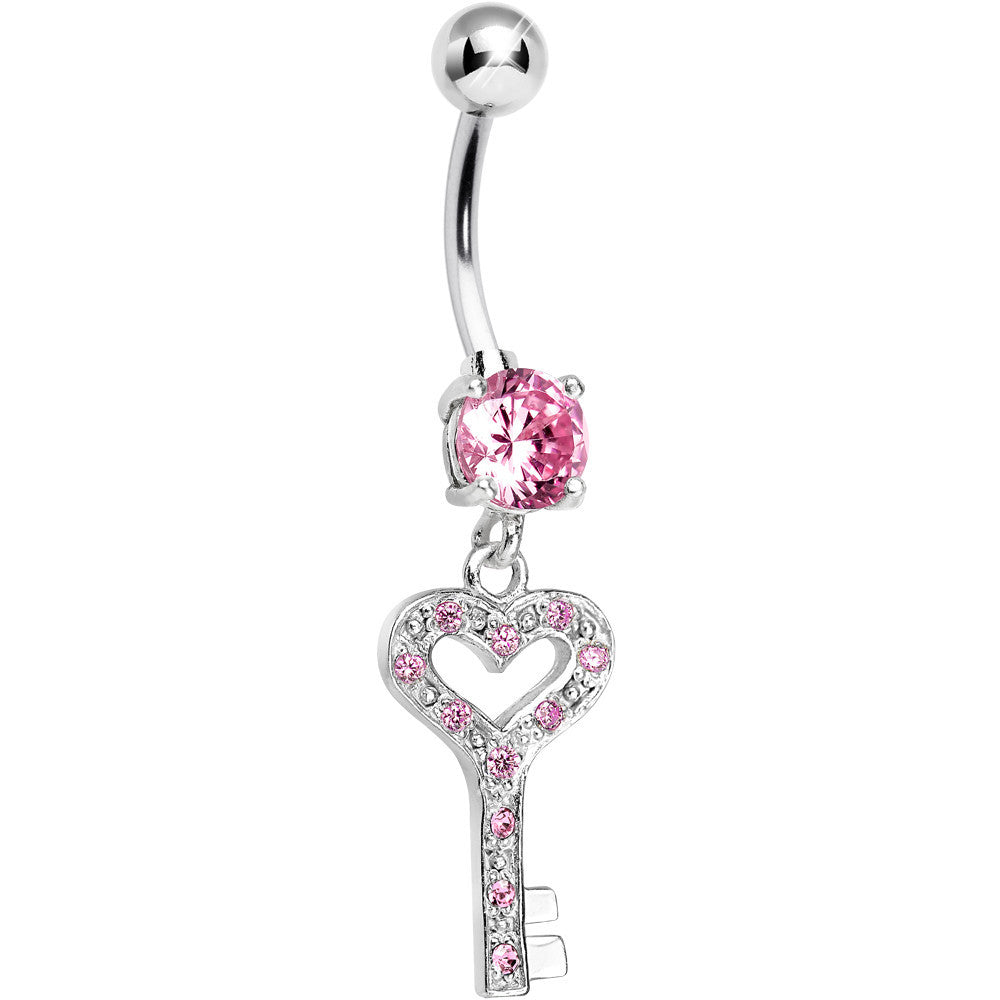 925 Sterling Silver Pink Gem Secret Love Key Dangle Belly Ring