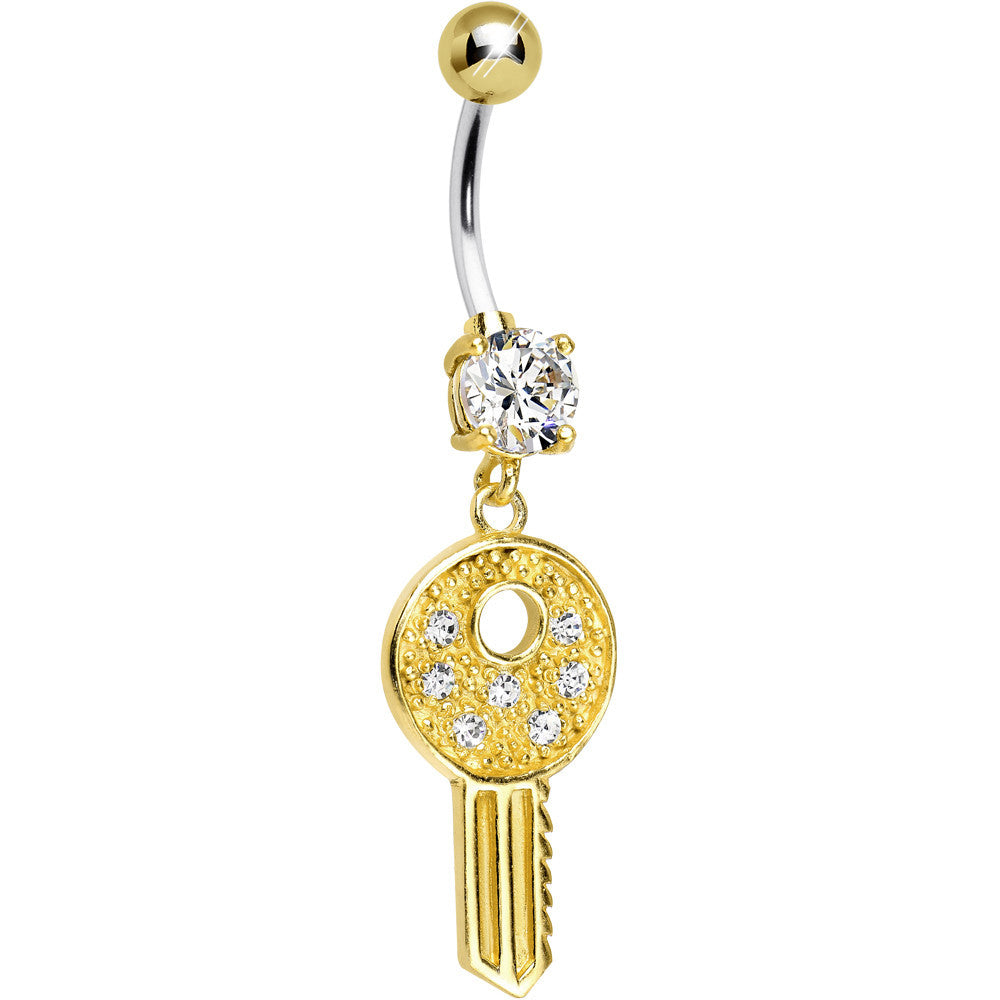 925 Sterling Silver Gold Plated Clear Gem Car Key Dangle Belly Ring