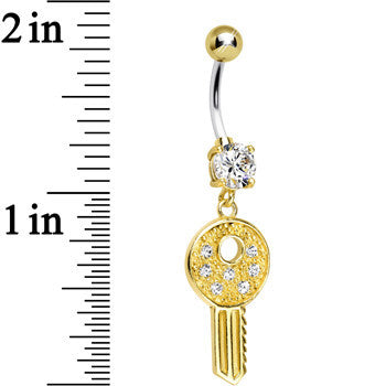 925 Sterling Silver Gold Plated Clear Gem Car Key Dangle Belly Ring