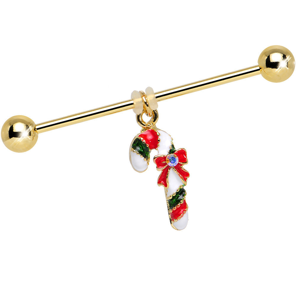 Candy Cane Christmas Dangle Industrial Barbell 38mm