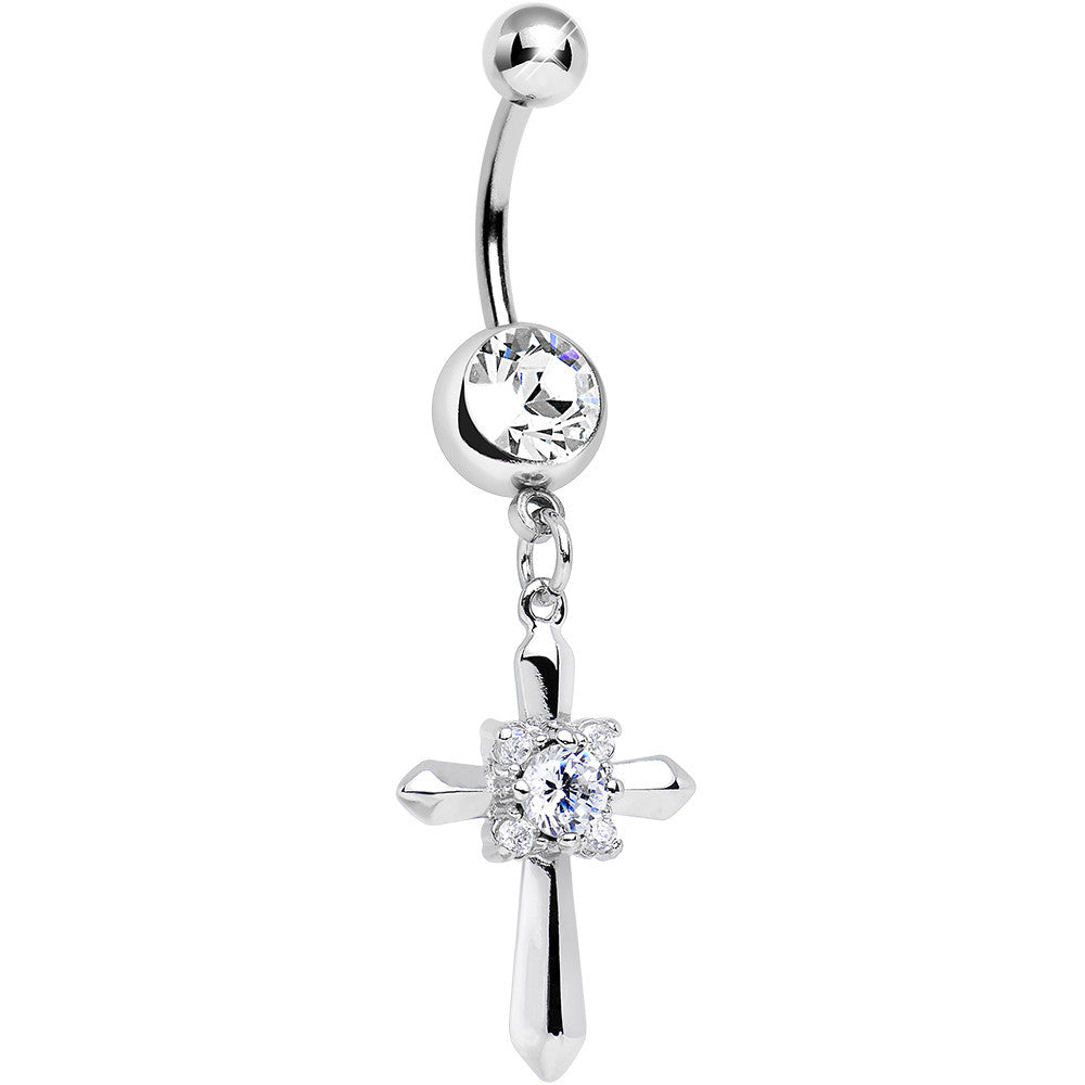 Clear Cubic Zirconia Sparkling Pious Cross Dangle Belly Ring