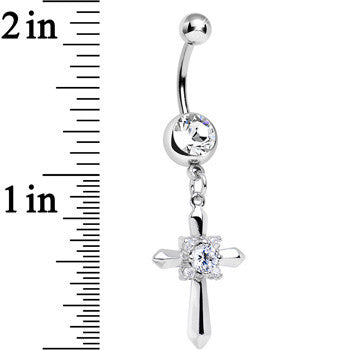 Clear Cubic Zirconia Sparkling Pious Cross Dangle Belly Ring