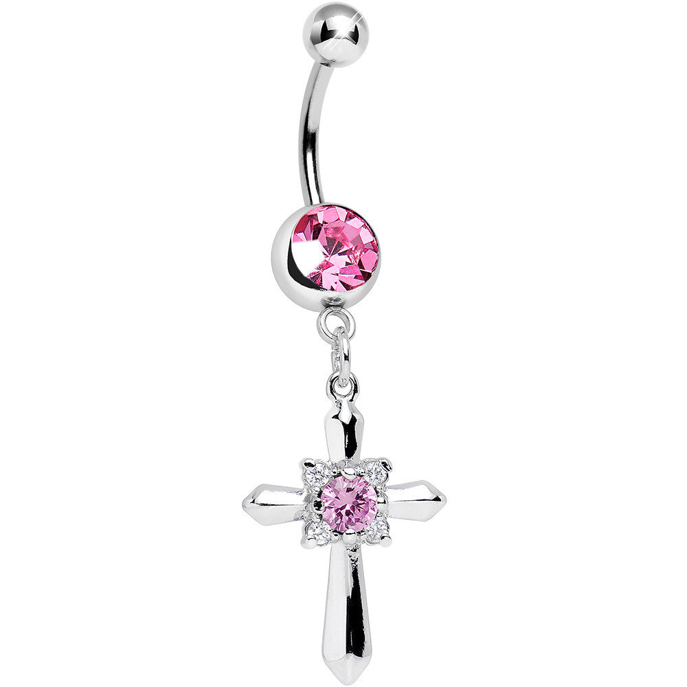 Pink Cubic Zirconia Sparkling Pious Cross Dangle Belly Ring
