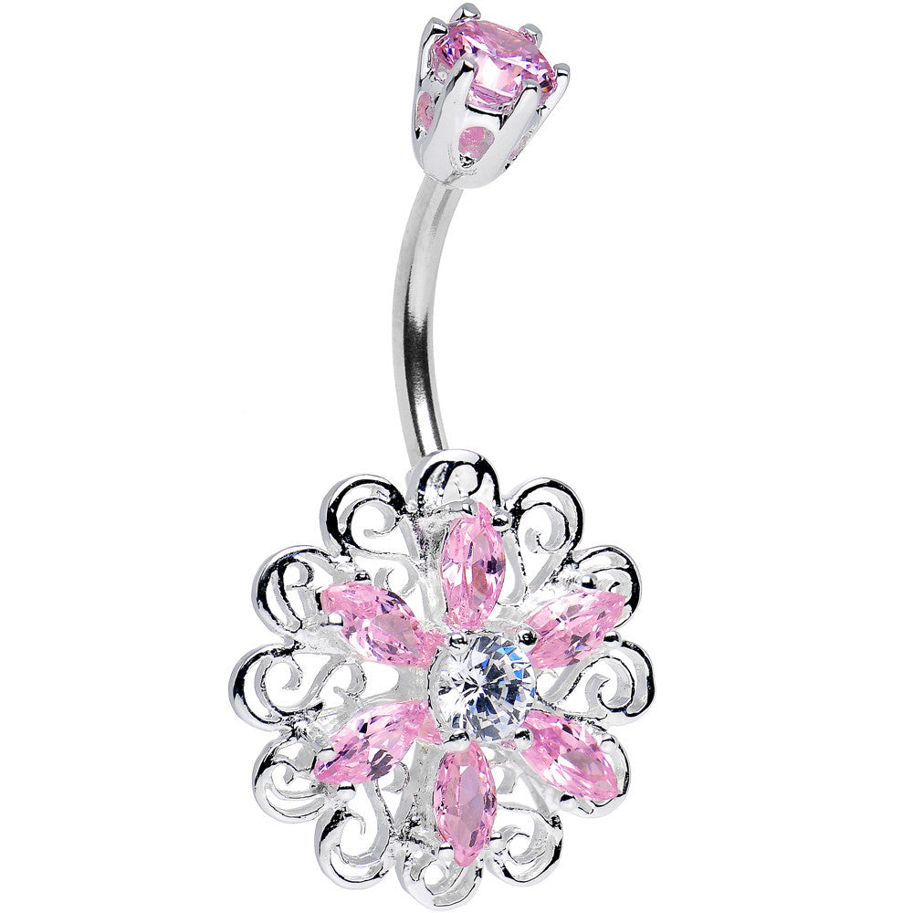 925 Sterling Silver Pink CZ Kaleidoscope Flower Belly Ring