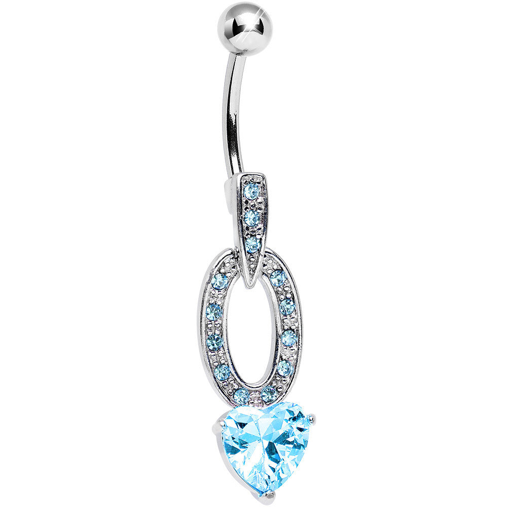 Aqua Cubic Zirconia Sparkling Hollow Oval Heart Dangle Belly Ring