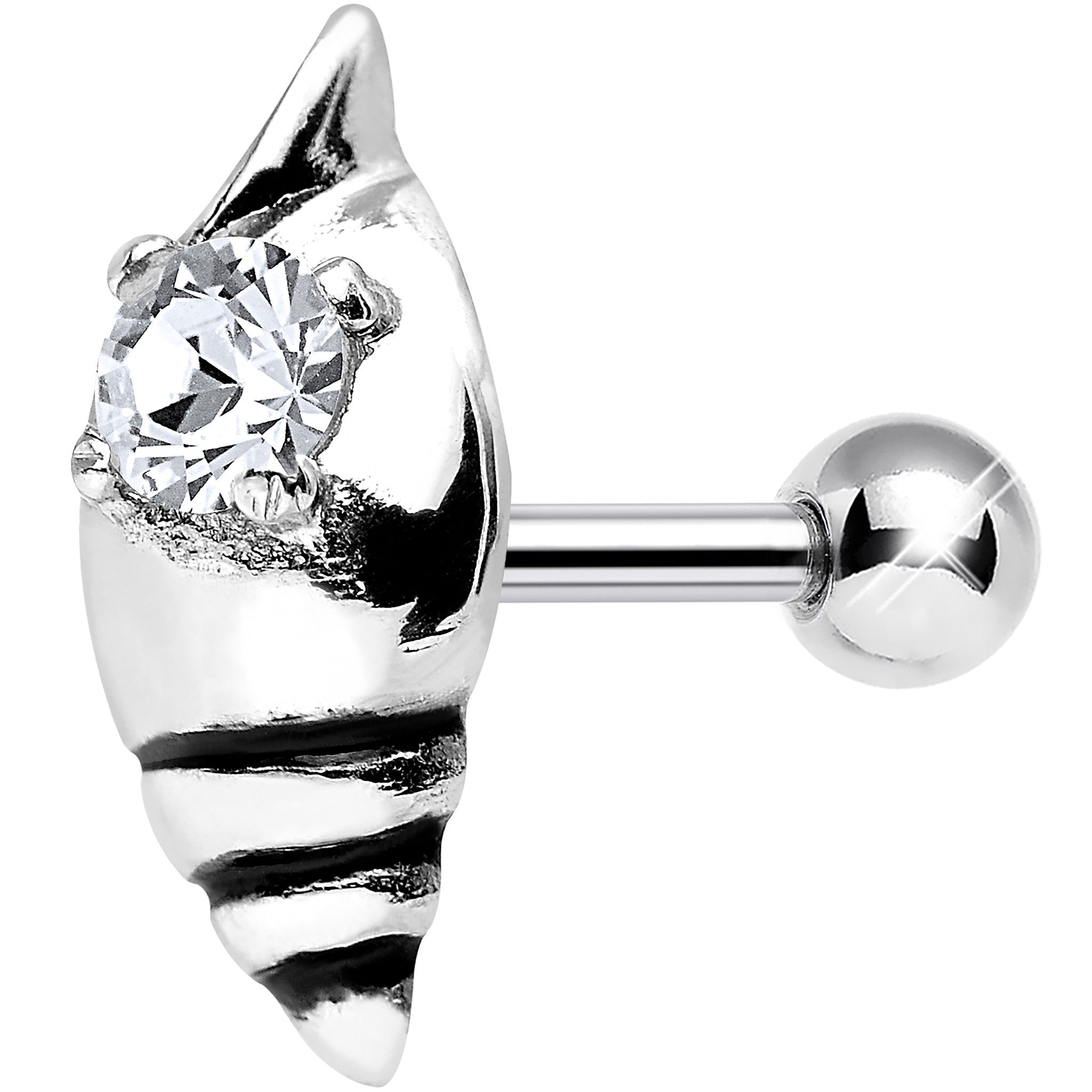 925 Sterling Silver Clear Gem Glossy Seashell Tragus Cartilage Earring