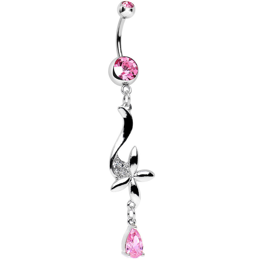 Pink Cubic Zirconia Floating on the Breeze Flower Dangle Belly Ring