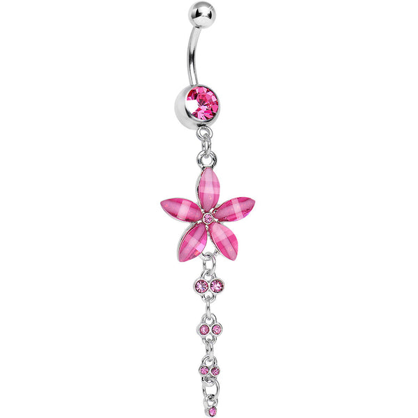 Pink Gem Shimmering Crystal Flower Dangle Belly Ring