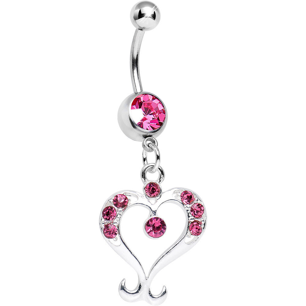 Pink Gem Fanciful Arched Heart Dangle Belly Ring