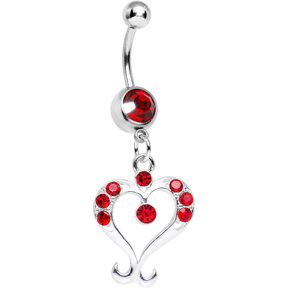 Red Gem Fanciful Arched Heart Dangle Belly Ring