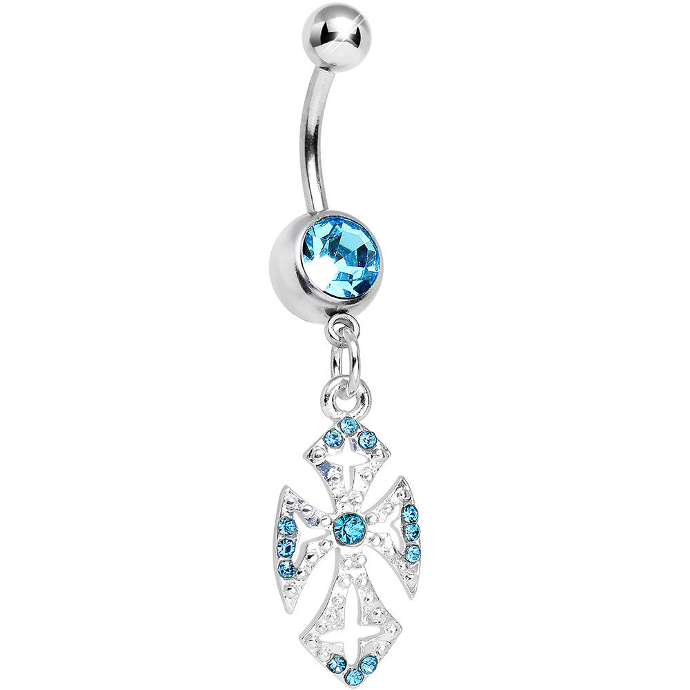 Aqua Gem Ornate Heavenly Cross Dangle Belly Ring