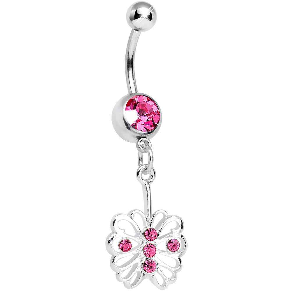 Pink Gem Fancy Blossoming Butterfly Dangle Belly Ring