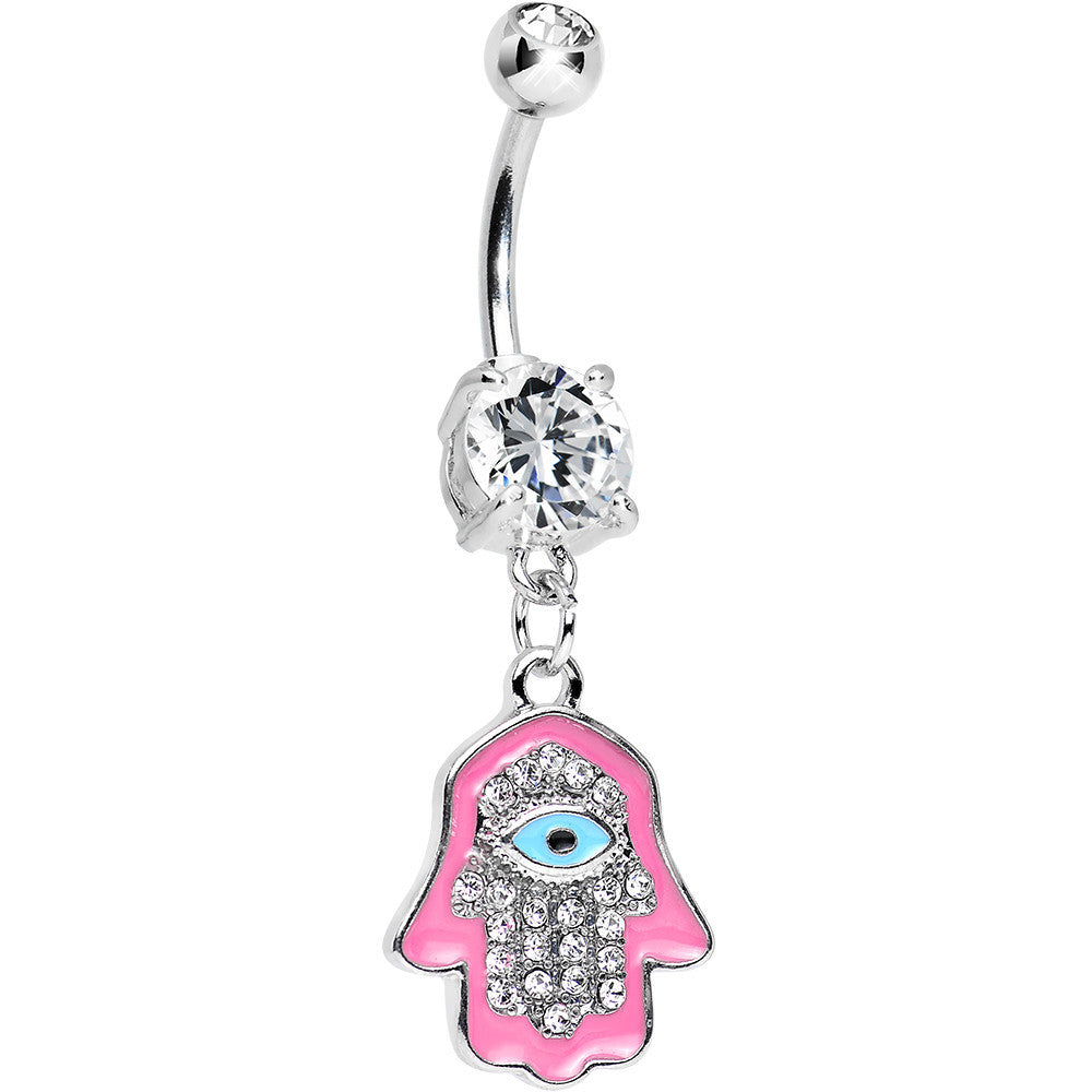 Clear Cubic Zirconia Blessed Pink Hamsa Hand Dangle Belly Ring
