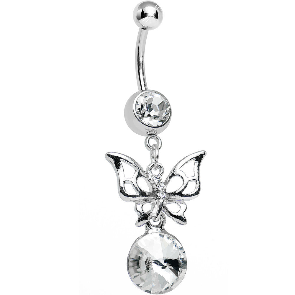 Clear Gem Round Droplet and Butterfly Dangle Belly Ring