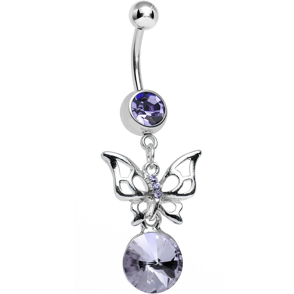 Purple Gem Round Droplet and Butterfly Dangle Belly Ring