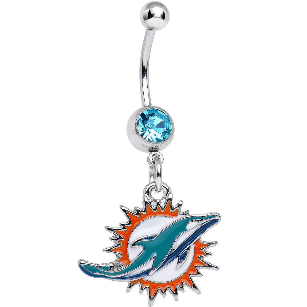 Officially Licensed NFL Aqua Gem Miami Dolphins Dangle Belly Ring