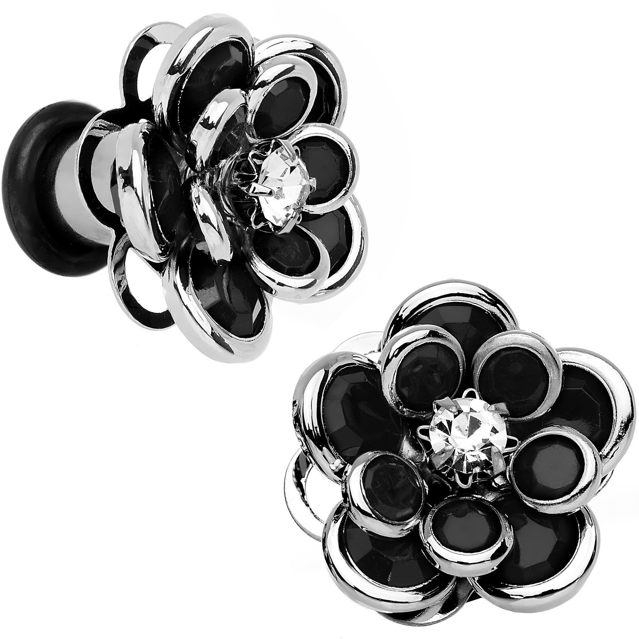 2 Gauge Black Blooming Glam Gardenia Flower Steel Plug Pair