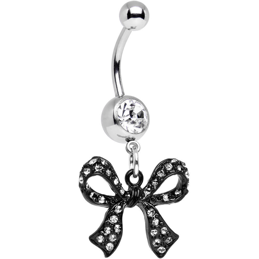 Clear Gem Paved Black Girly Bow Dangle Belly Ring