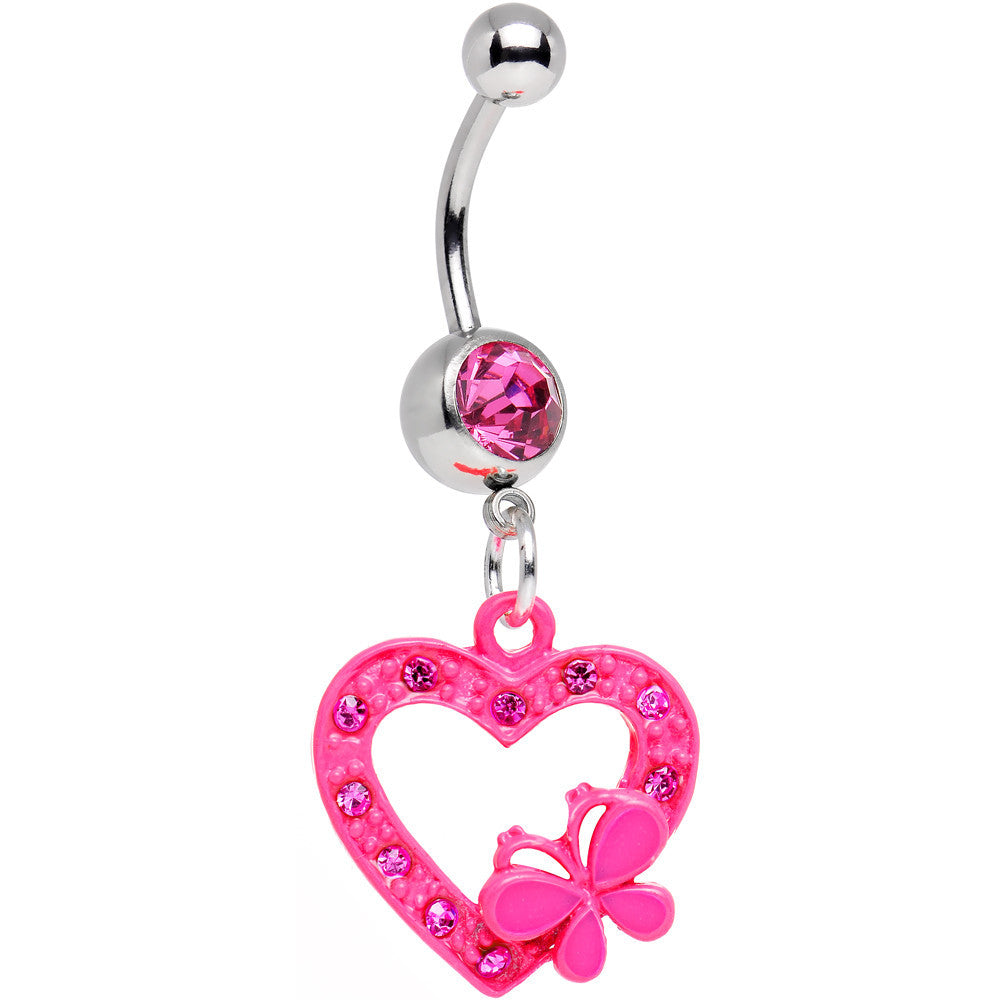 Pink Gem Pink Butterfly Loving Heart Dangle Belly Ring