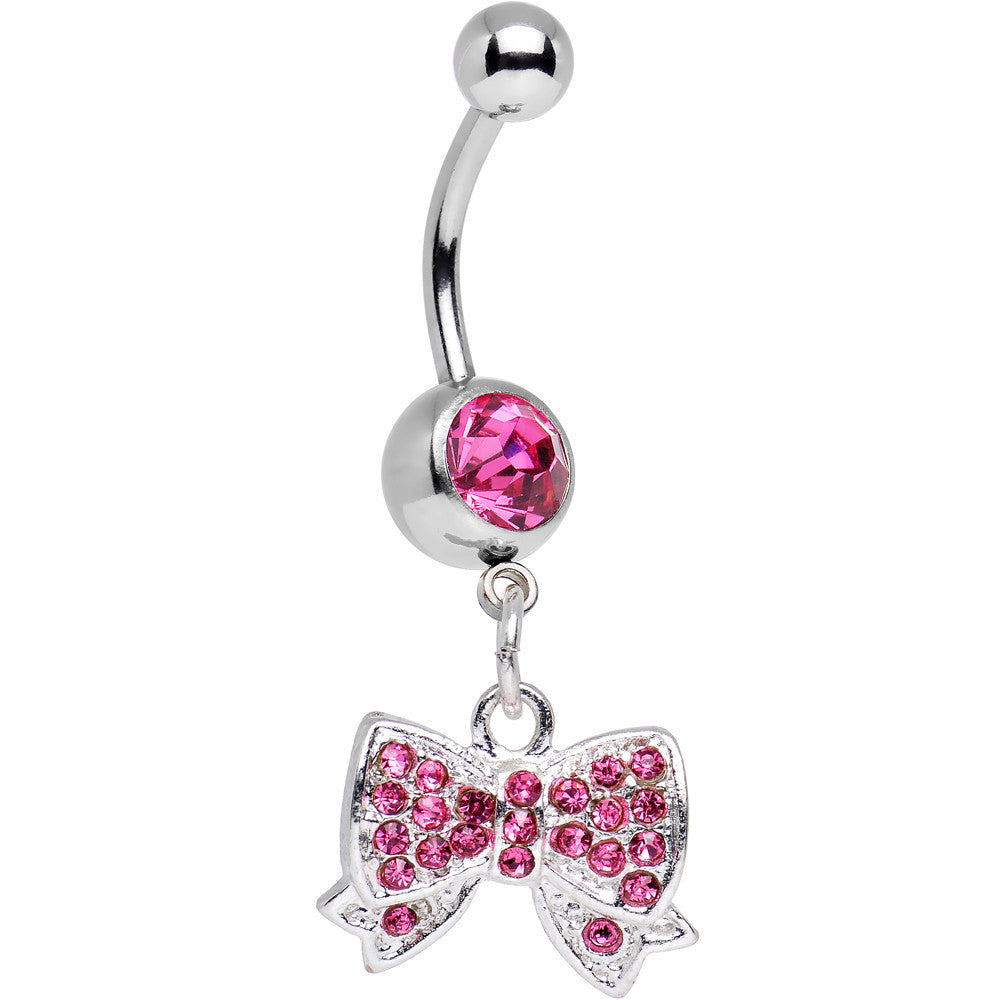 Pink Gem Bedecked Bow Tie Dangle Belly Ring