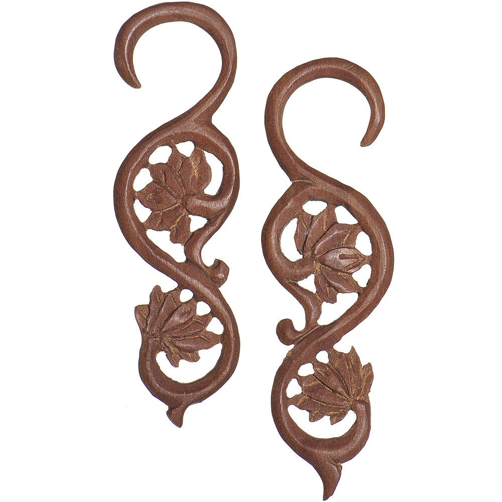 10G Organic Wood Climbing Lotus Flower Hand Carved Hanger Set