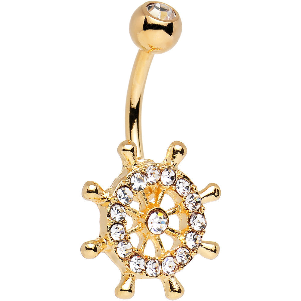 Clear Cubic Zirconia 14KT Gold Plated Skippers Wheel Belly Ring